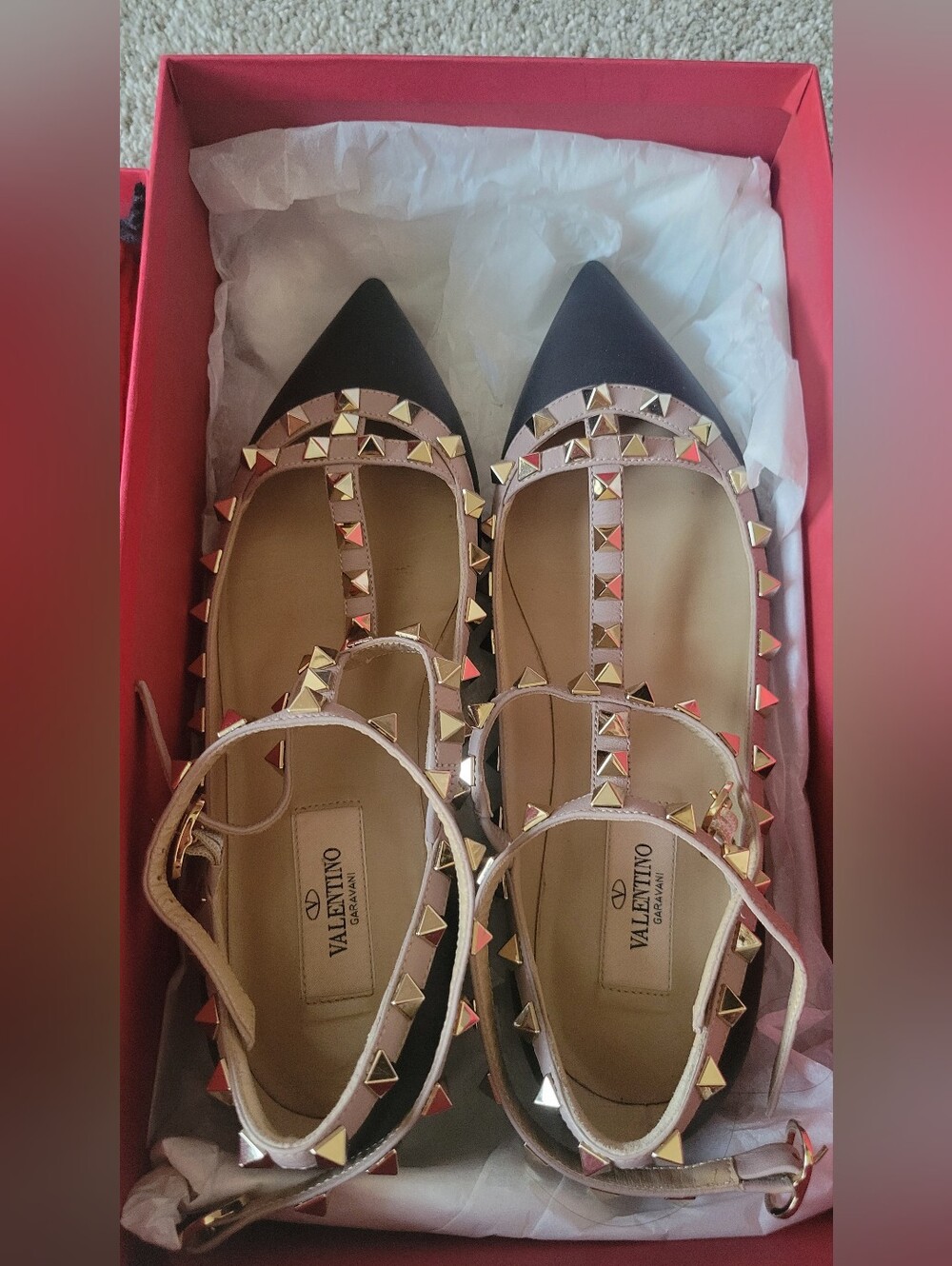 Valentino Black and Nude Rockstud Pointed T-Strap Flats Size 36/6